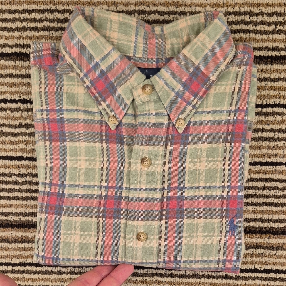 RALPH LAUREN Classic Fit Green Pink Plaid Cotton Large Long Sleeve‎ Shirt VTG
